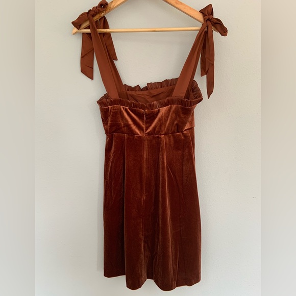 Danielle Bernstein • NWT Copper Velvet Shoulder Tie Mini Dress Ruffle Detail XS - Picture 9 of 10